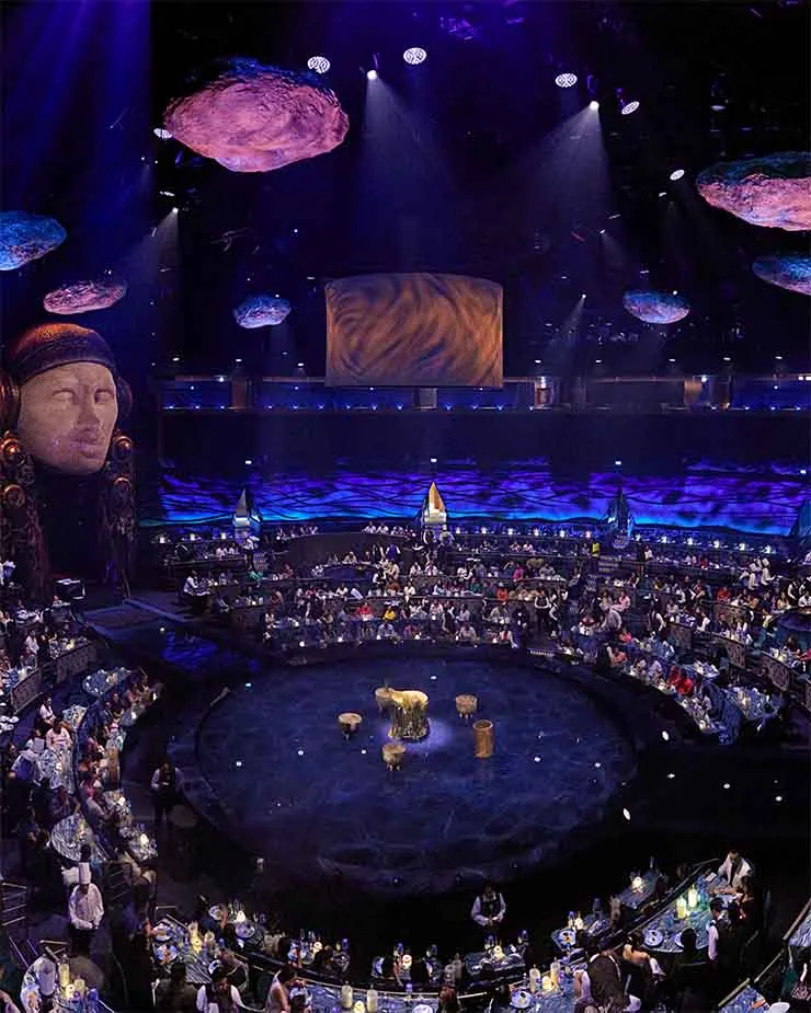 Vista aérea del teatro de LUDÕ y su escenario acuático